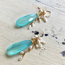 Load image into Gallery viewer, Teardrop Sky Blue Chalcedony Cluster Earrings, Fresh Water Pearls &amp; Gold Filled Ear Wires

