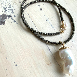 Baroque Pearl Pendant Necklace, Natural Pyrite Artisan Necklace,17"inches