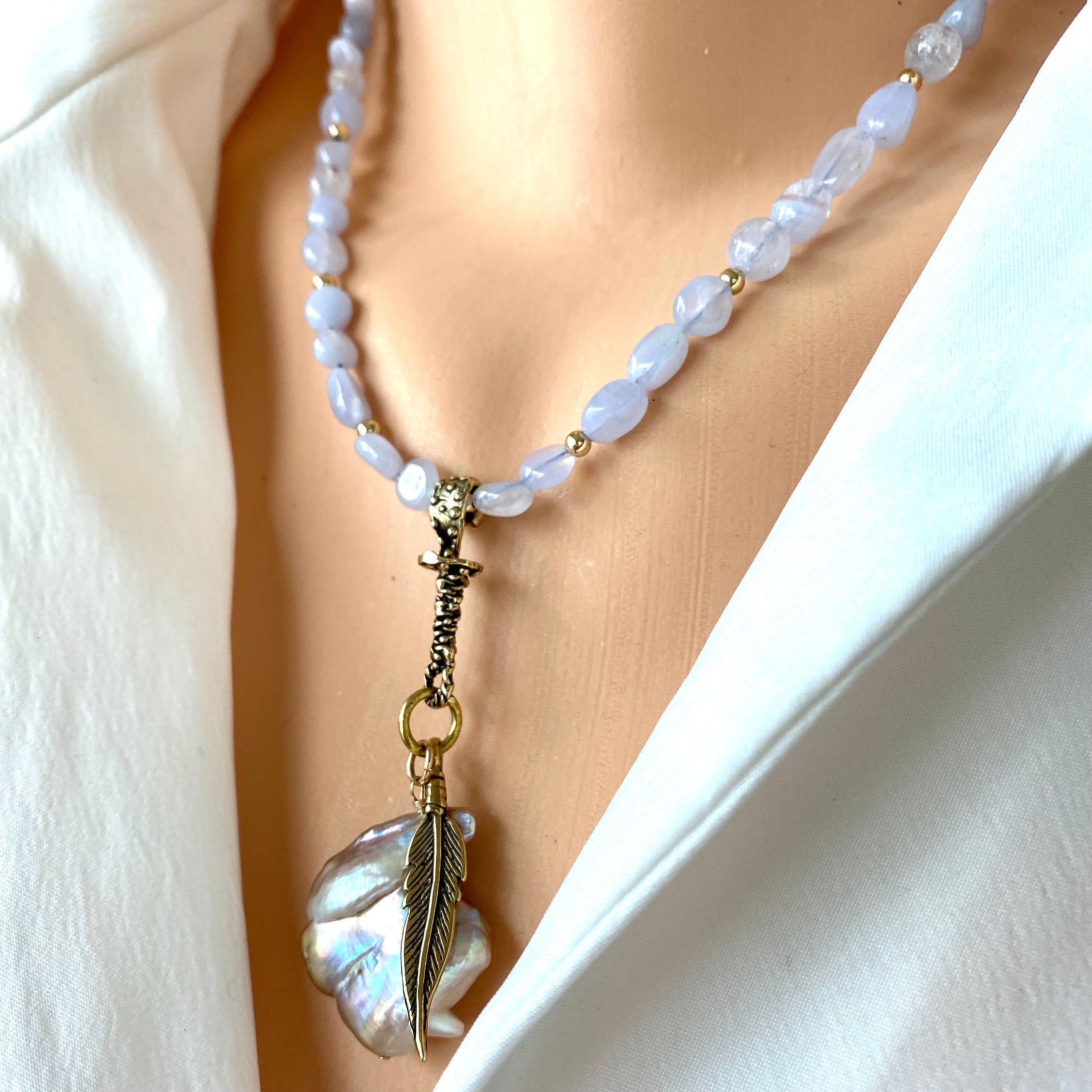 Blue Lace Agate & Baroque Keshi Pearl Pendant