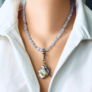 Blue Lace Agate and Baroque Keshi Pearl Pendant with Artisan Gold Bronze