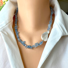 Cargar imagen en el visor de la galería, Aquamarine Nuggets and Flat Baroque Pearl Beaded Necklace w Gold Filled Details
