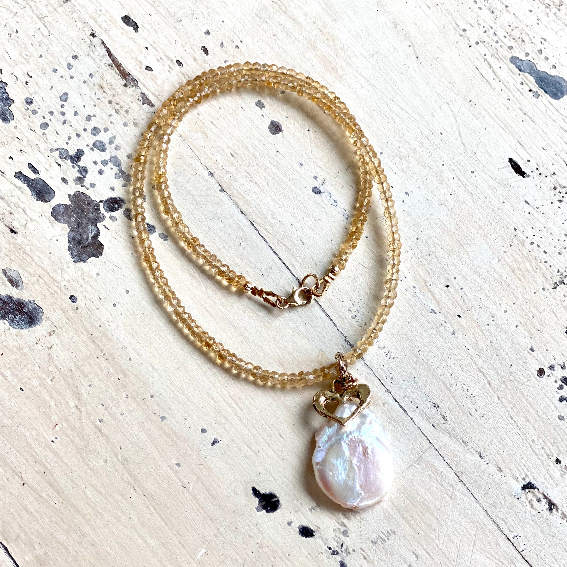 Citrine pearl necklace featuring faceted citrine beads large baroque pearl pendant and gold filled details
