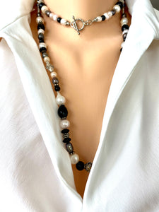 Elegant Black Onyx w Black and White Pearls Long Necklace