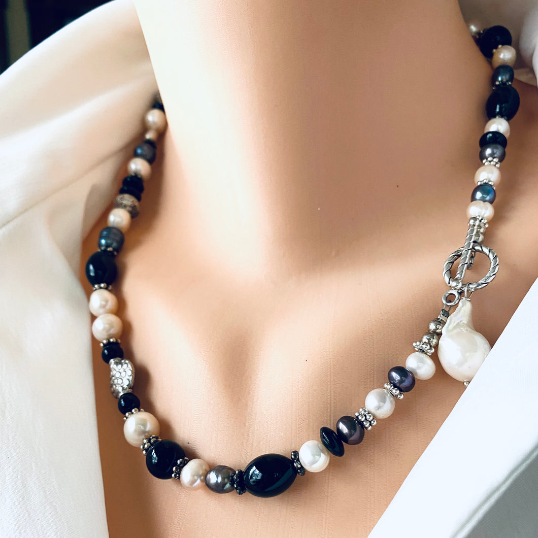 Black Onyx w Black & White Pearls Toggle Necklace, Sterling Silver, 20.5