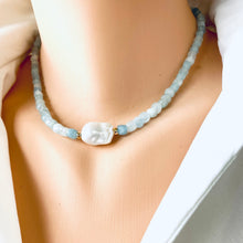 Load image into Gallery viewer, Delicate Aquamarine Beaded Necklace with Fresh Water White Baroque Pearl
