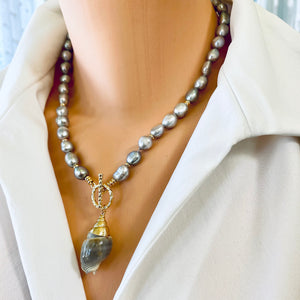 Real Seashell and Freshwater Grey Pearl Necklace Gray Shell Pendant, 19/20/21”inches