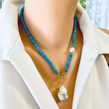 Load image into Gallery viewer, Turquoise &amp; Freshwater Baroque Pearls Toggle Necklace, Gold Vermeil, December Birthstone, 18.5&quot;in
