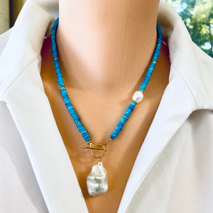 Turquoise & Freshwater Baroque Pearls Toggle Necklace, Gold Vermeil, December Birthstone, 18.5"in