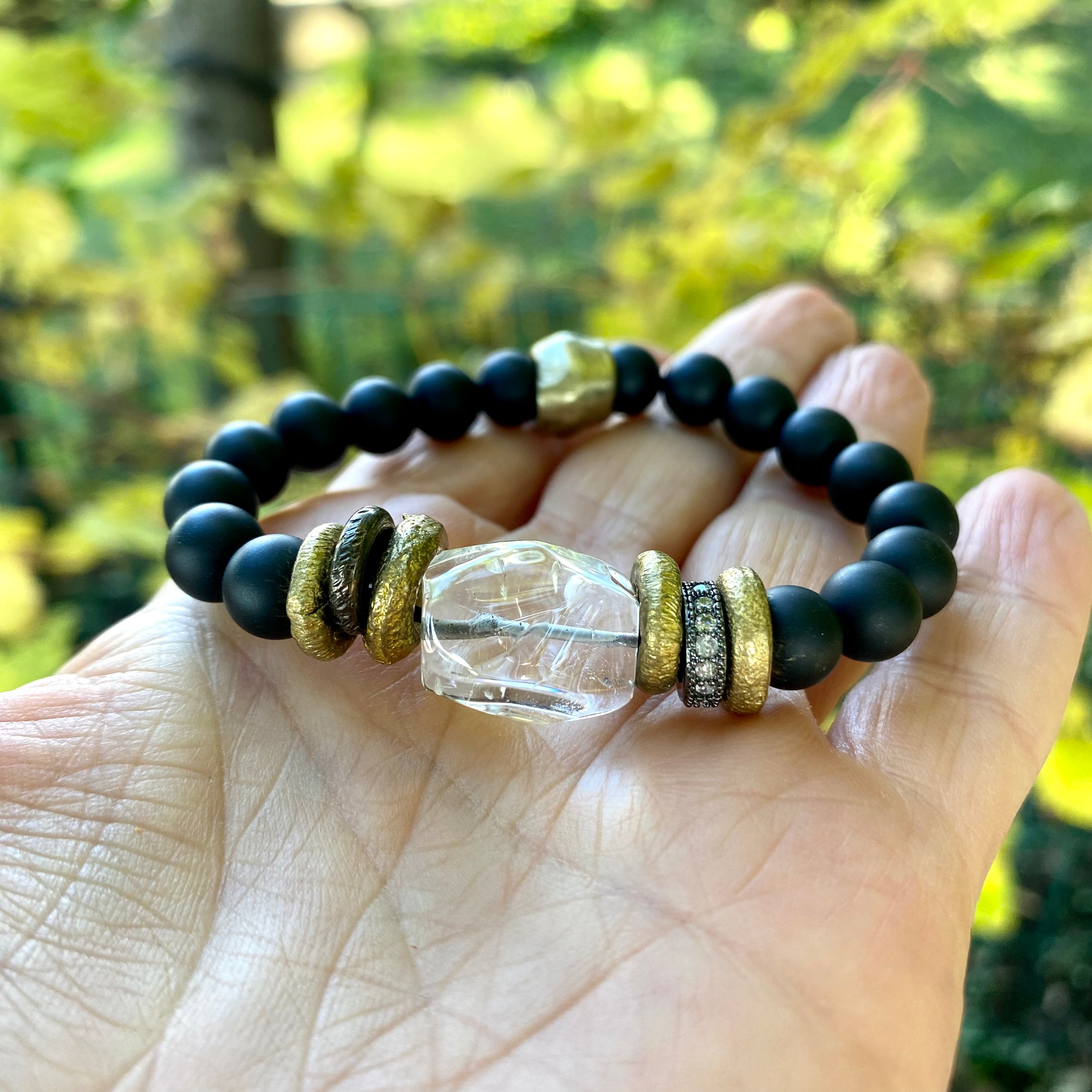 Clear Rock Crystal Quartz & Onyx Bracelet