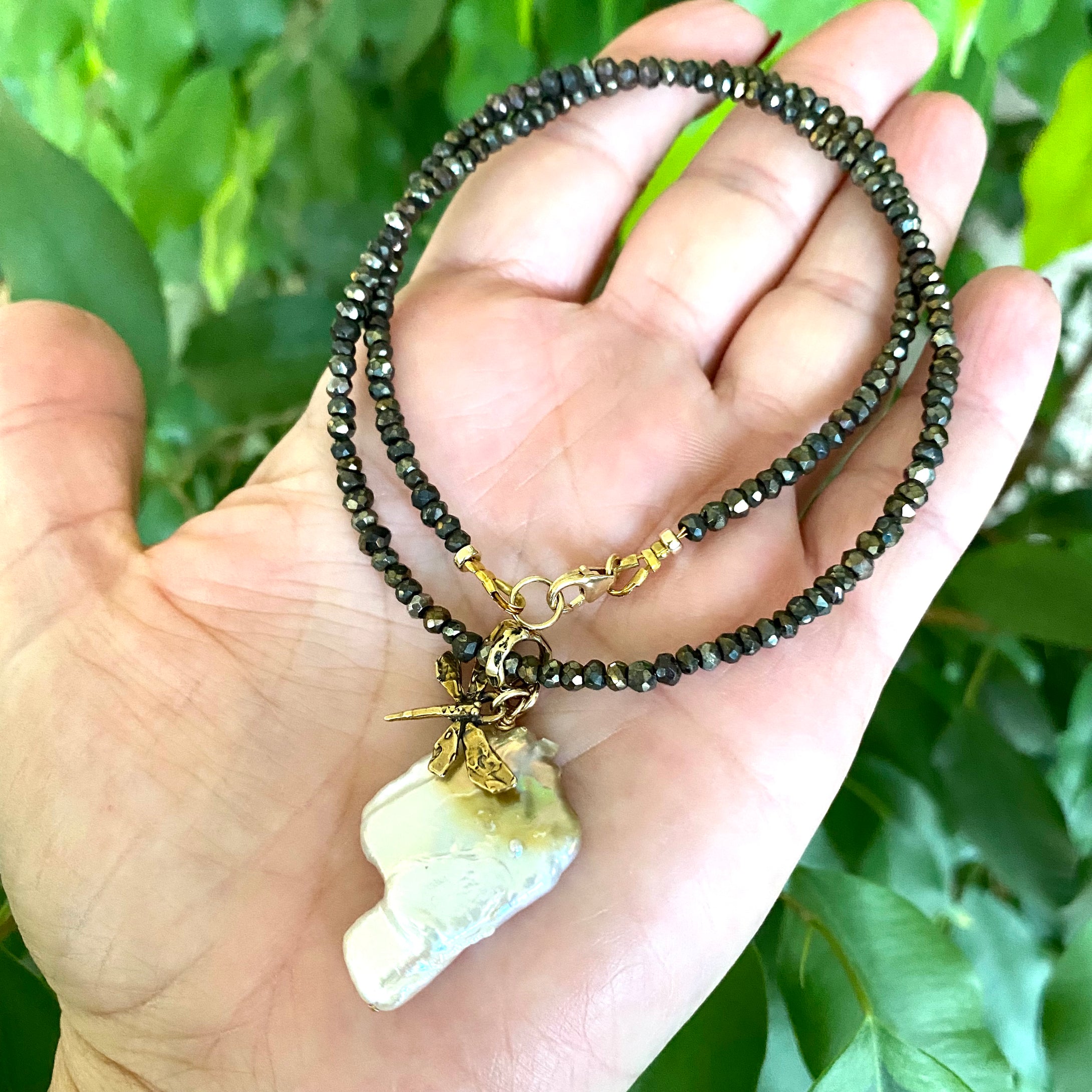 Dragonfly & Large Keshi Pearl Charm Pendant on Pyrite Beaded Chain