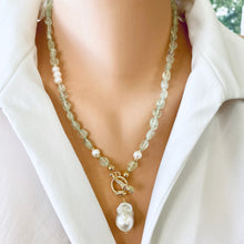Load image into Gallery viewer, Green Prehnite Beaded Toggle Necklace w Freshwater Pearls, Gold Plated, 20&#39;in
