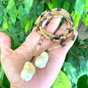 Ombre Citrine & Pyrites w Baroque Pearls Open Lariat Necklace