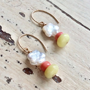 Floral Pearl Drop Earrings, Dainty Baroque Pearl w Quartz & Coral Earrings