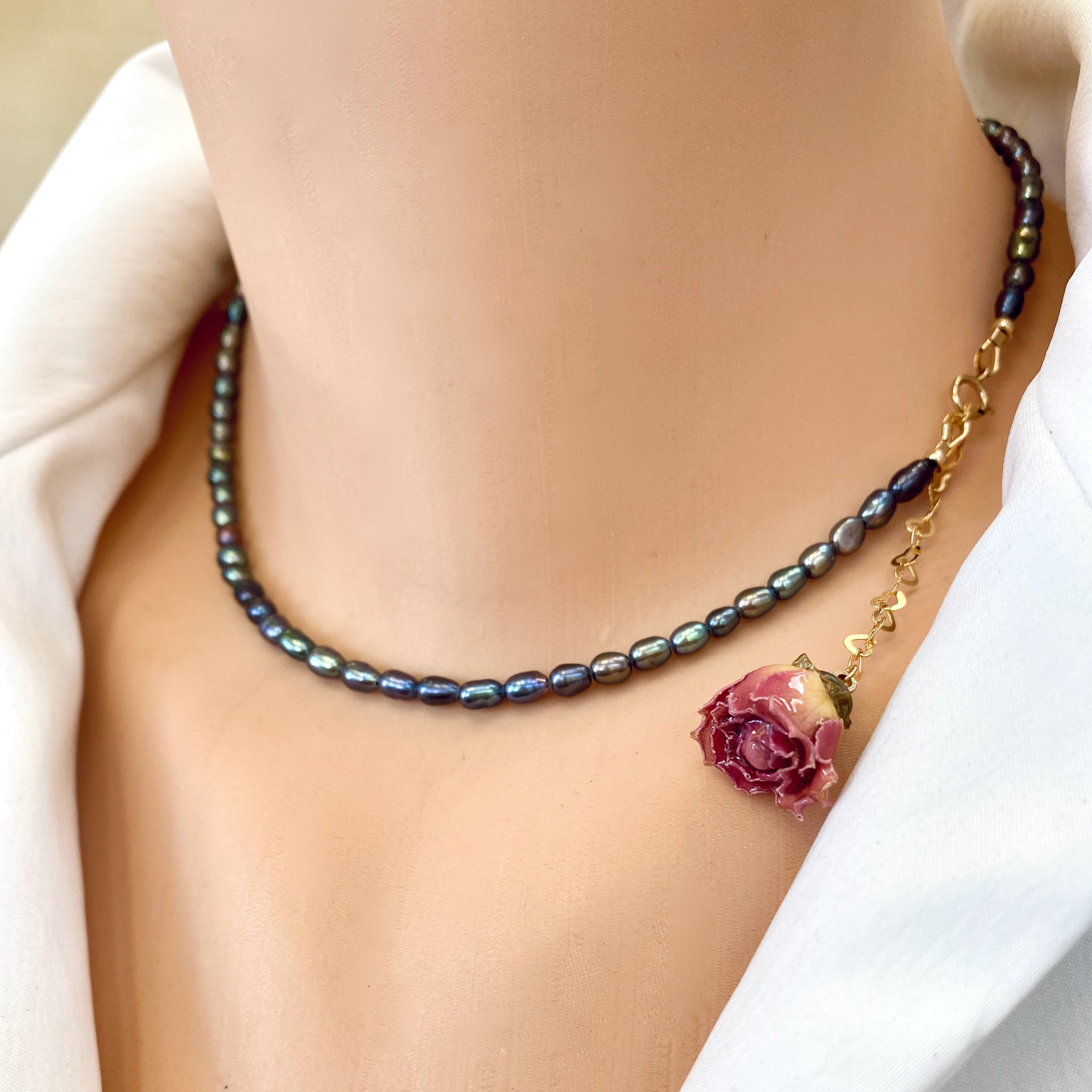 Real Pink Rosebud & Black Mini Rice Pearl Necklace, 14k GF