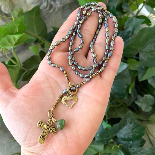 Hope & Love Cross Black Pearl Necklace