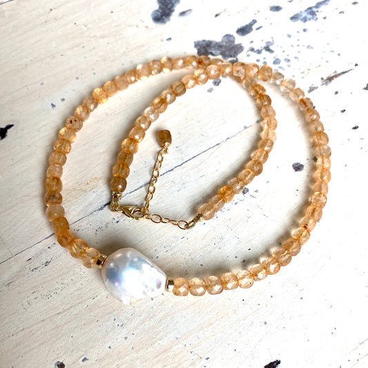 Citrine pearl choker necklace featuring faceted citrine cube beads baroque pearl and gold filled closure