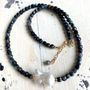 Black Turquoise and Freshwater Baroque Pearl Beaded Necklace, 16.5"inches