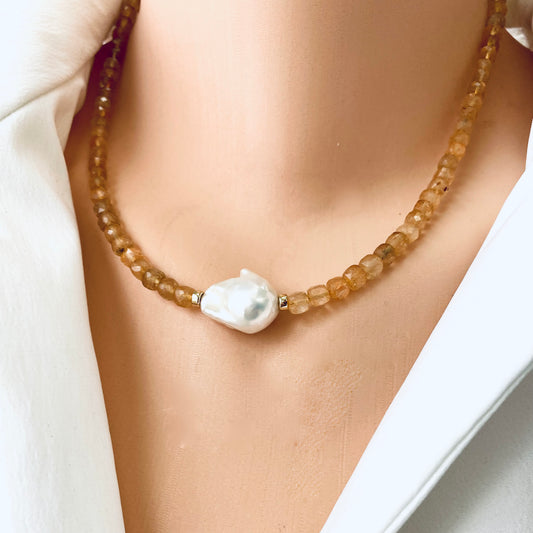 Citrine pearl choker necklace worn at the neckline with deep yellow citrine beads and white baroque pearl