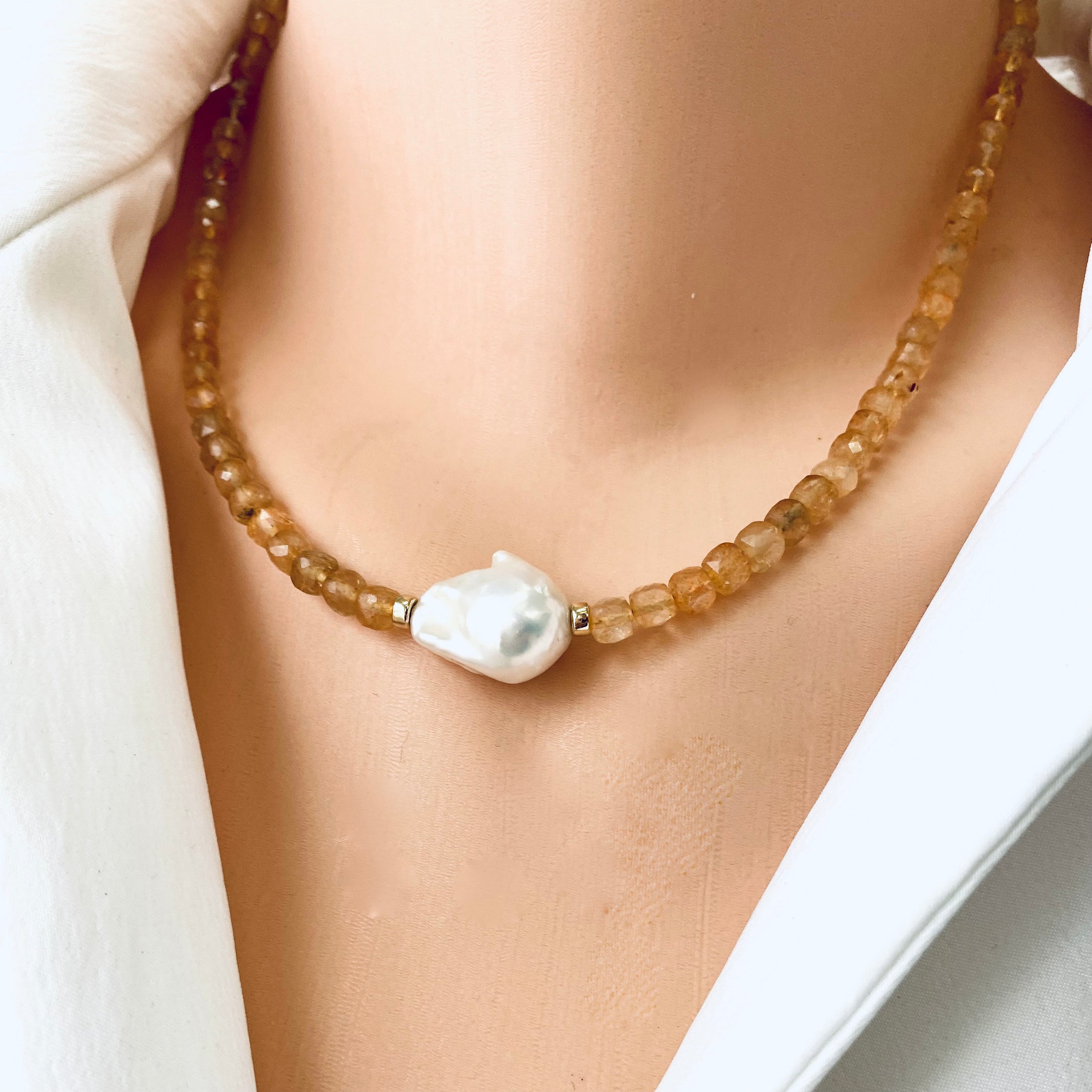 Deep Yellow Citrine Choker Necklace with White Baroque Pearl
