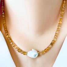 Cargar imagen en el visor de la galería, Deep Yellow Citrine Choker Necklace with White Baroque Pearl, 16&quot; inches, November Birthstone
