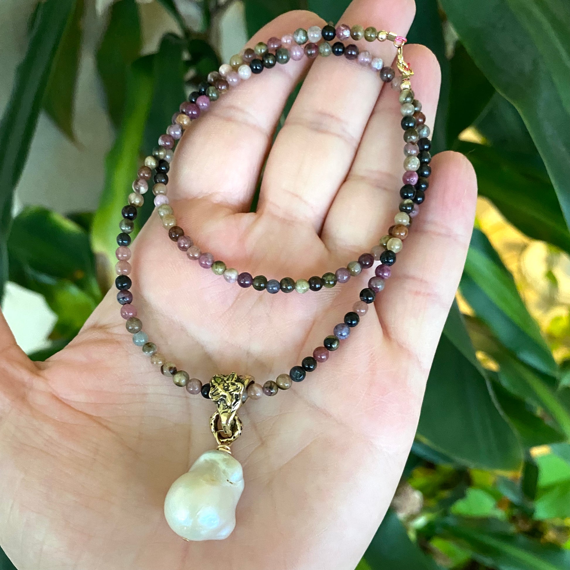 Tourmaline pearl necklace with multicolored tourmaline beads and baroque pearl pendant handmade in Canada