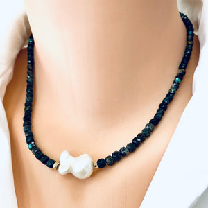 Black Turquoise and Freshwater Baroque Pearl Beaded Necklace, 16.5"inches