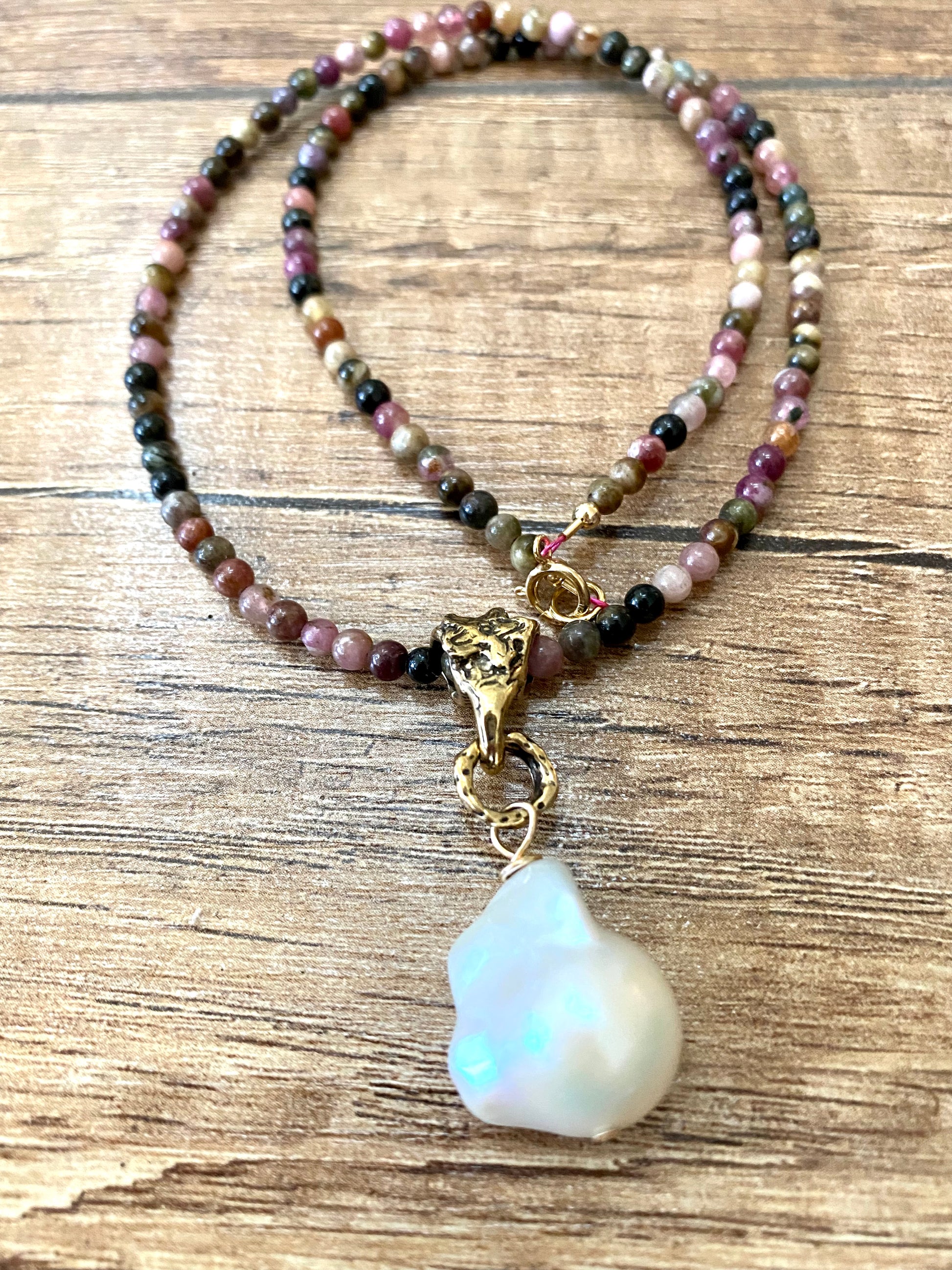 Tourmaline pearl necklace with natural tourmaline beads and baroque pearl pendant