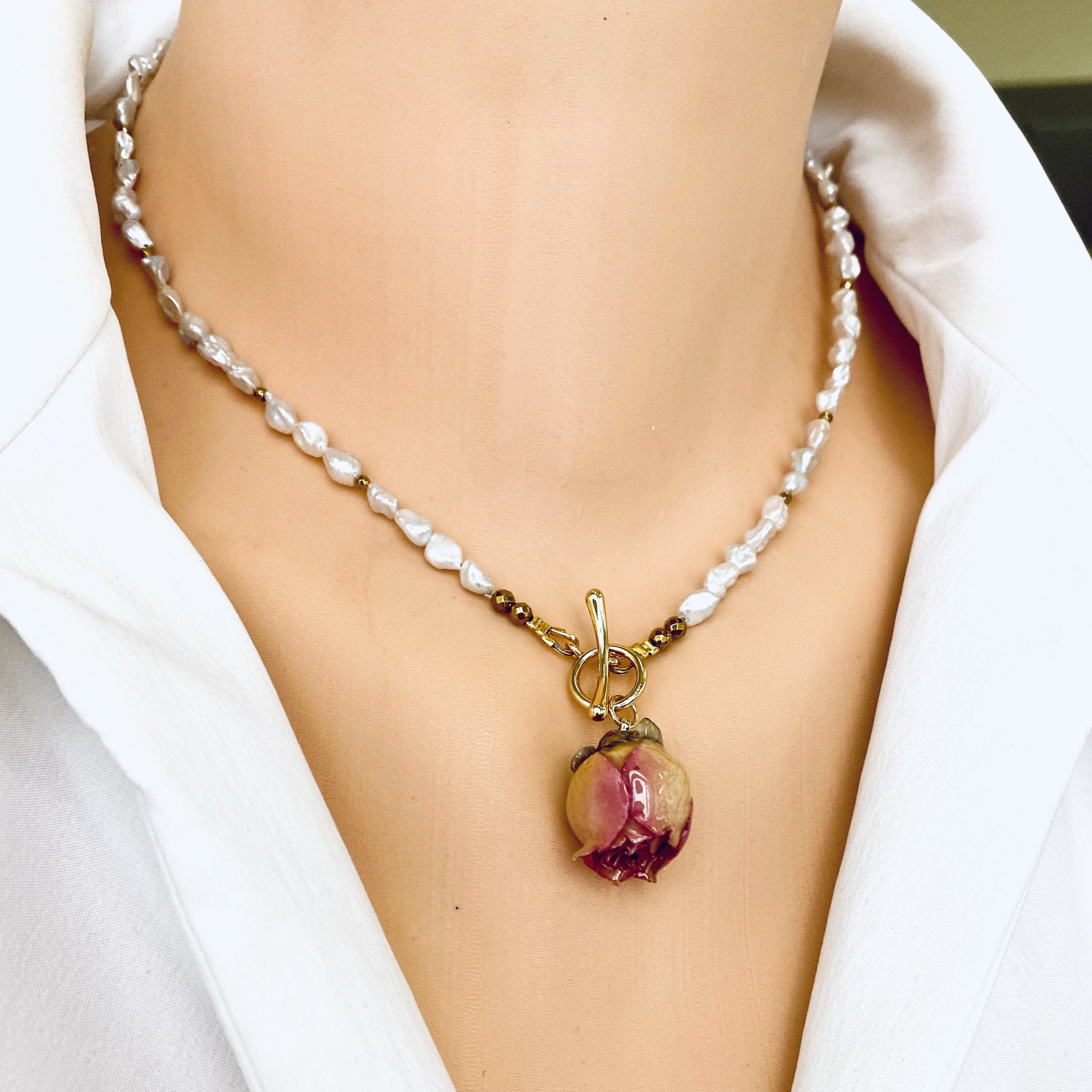 Real Pink Rosebud &  Pearl Necklace
