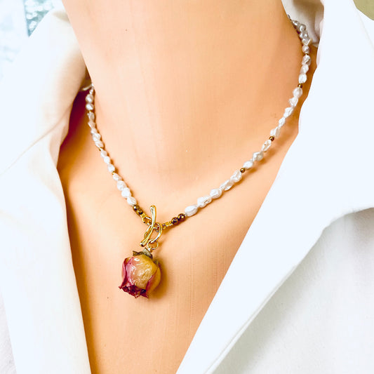 Real pink rosebud pearl necklace featuring preserved rosebud pendant and silver white pearls
