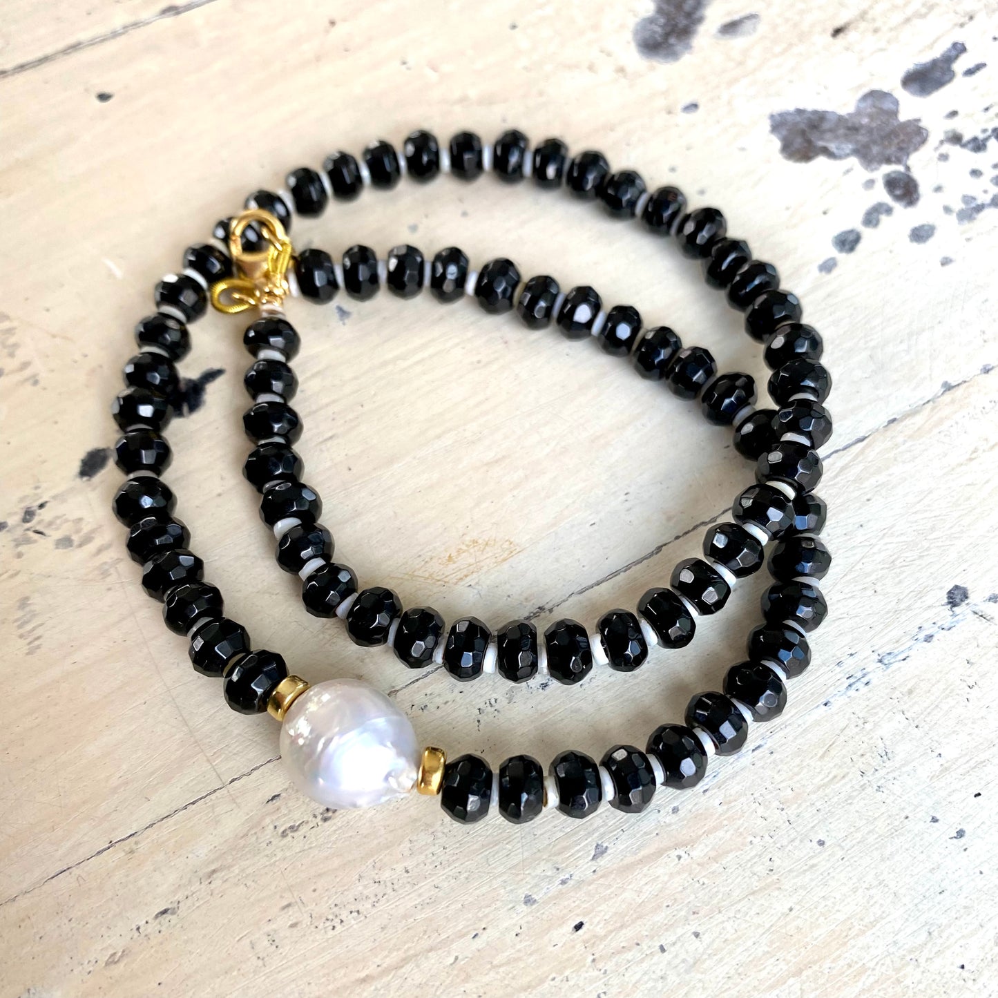 Black onyx pearl choker necklace with shell spacer beads vermeil details and freshwater baroque pearl