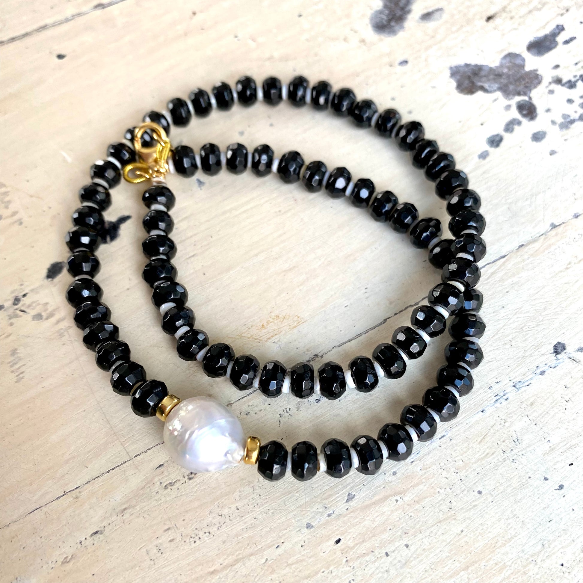 Black onyx pearl choker necklace with shell spacer beads vermeil details and freshwater baroque pearl