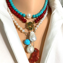 Load image into Gallery viewer, Pearl Necklace with Studded Baroque Pearl, Sponge Red Coral and Turquoise Charms
