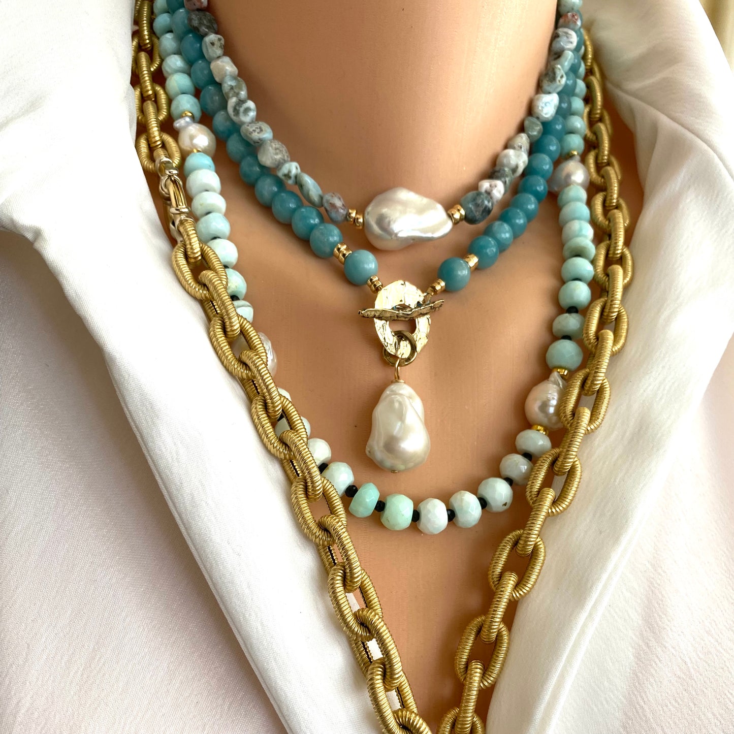 LIVE #5 - Blue Amazonite & White Baroque Pearl Necklace