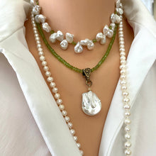 Load image into Gallery viewer, Peridot and Gold Filled Choker Necklace, Baroque Pearl Pendant, Gold Bronze, August Birthstone
