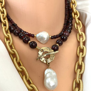 Delicate Garnet Beaded Necklace w Freshwater White Baroque Pearl & Gold Filled Details