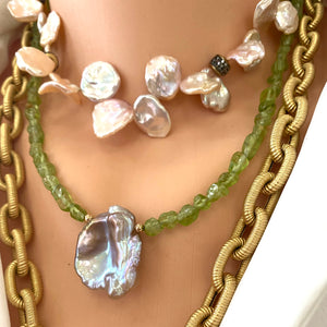 Peridot and Baroque Pearl Necklace, August Birthstone Necklace, Olivine Green Peridot Jewelry, Gold Filled, 17"inches