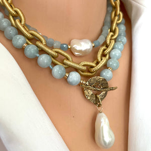 Delicate Aquamarine Beaded Necklace with Fresh Water White Baroque Pearl