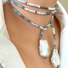Cargar imagen en el visor de la galería, Shades of Blue Opal w Pyrites &amp; Baroque Pearls Ombre Lariat Necklace
