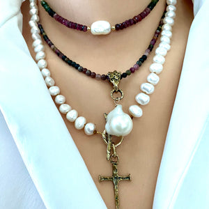 Tourmaline & Baroque Pearl Pendant Necklace w Artisan Gold Bronze Bail, October Birthstone