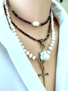 Tourmaline Collar Necklace w Freshwater Pearl, Gold Filled Details, 13"in
