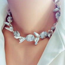 Cargar imagen en el visor de la galería, Gorgeous Keshi Pearls and Rhinestone Choker Necklace, 16&quot;inches, Silver Plated
