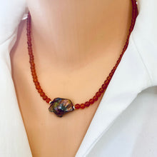 Cargar imagen en el visor de la galería, Burnt Orange Carnelian Beaded Necklace Chain with Fresh Water Peacock Baroque Pearl, Gold Filled, 16.5&quot;inches
