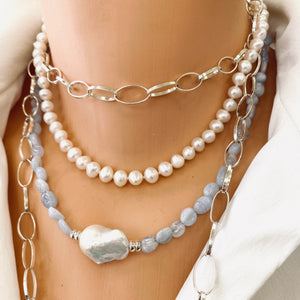 Blue Lace Agate & Baroque Pearl Necklace, Sterling Silver, 18"inches