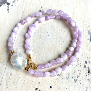 Kunzite and Baroque Pearl Necklace with Gold Filled Beads and Closure, Kunzite Crystal Jewelry