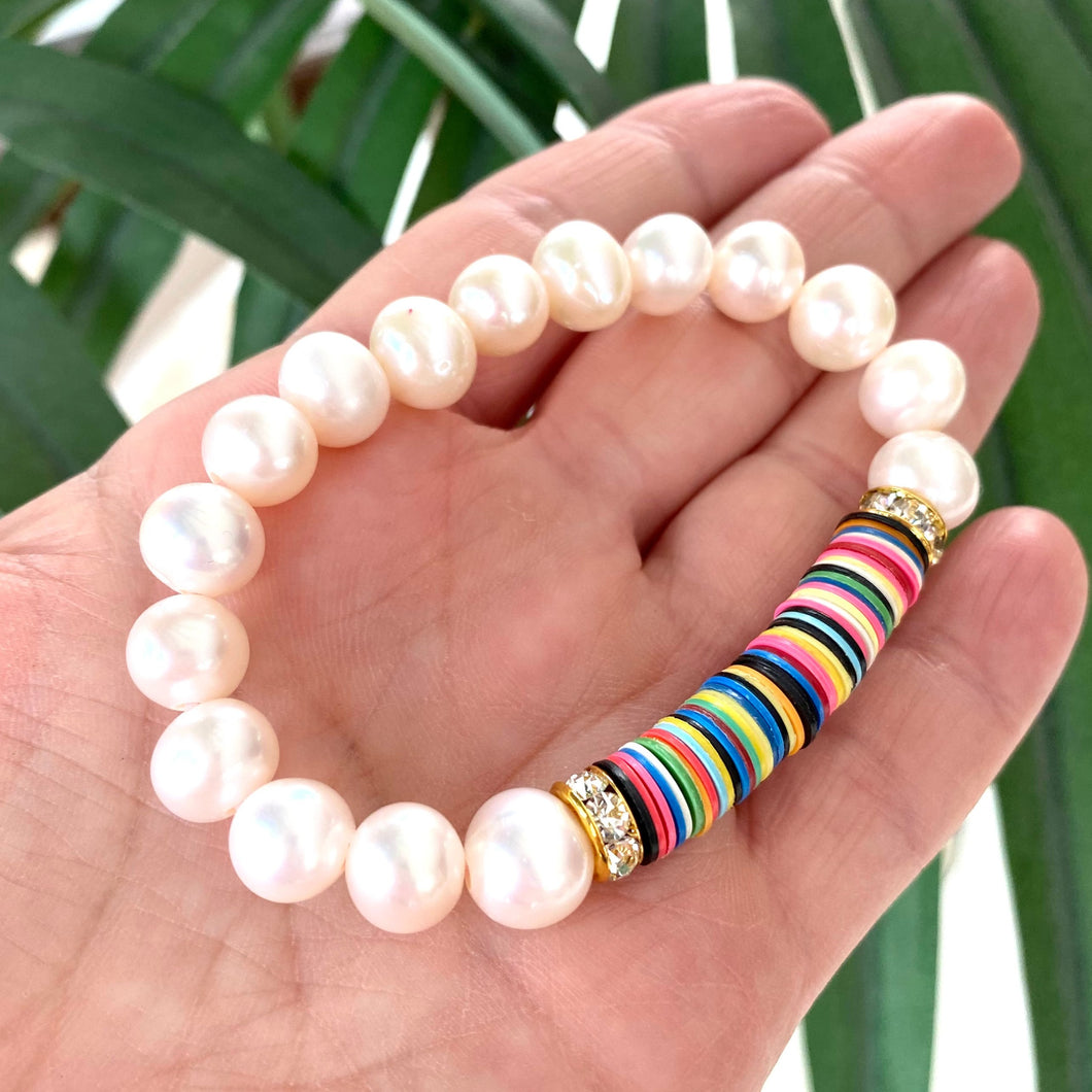 Genuine White Pearls with African Heishi Vinyl Disks Stretchy Bracelet, Summer Jewelry, Colourful Bracelet