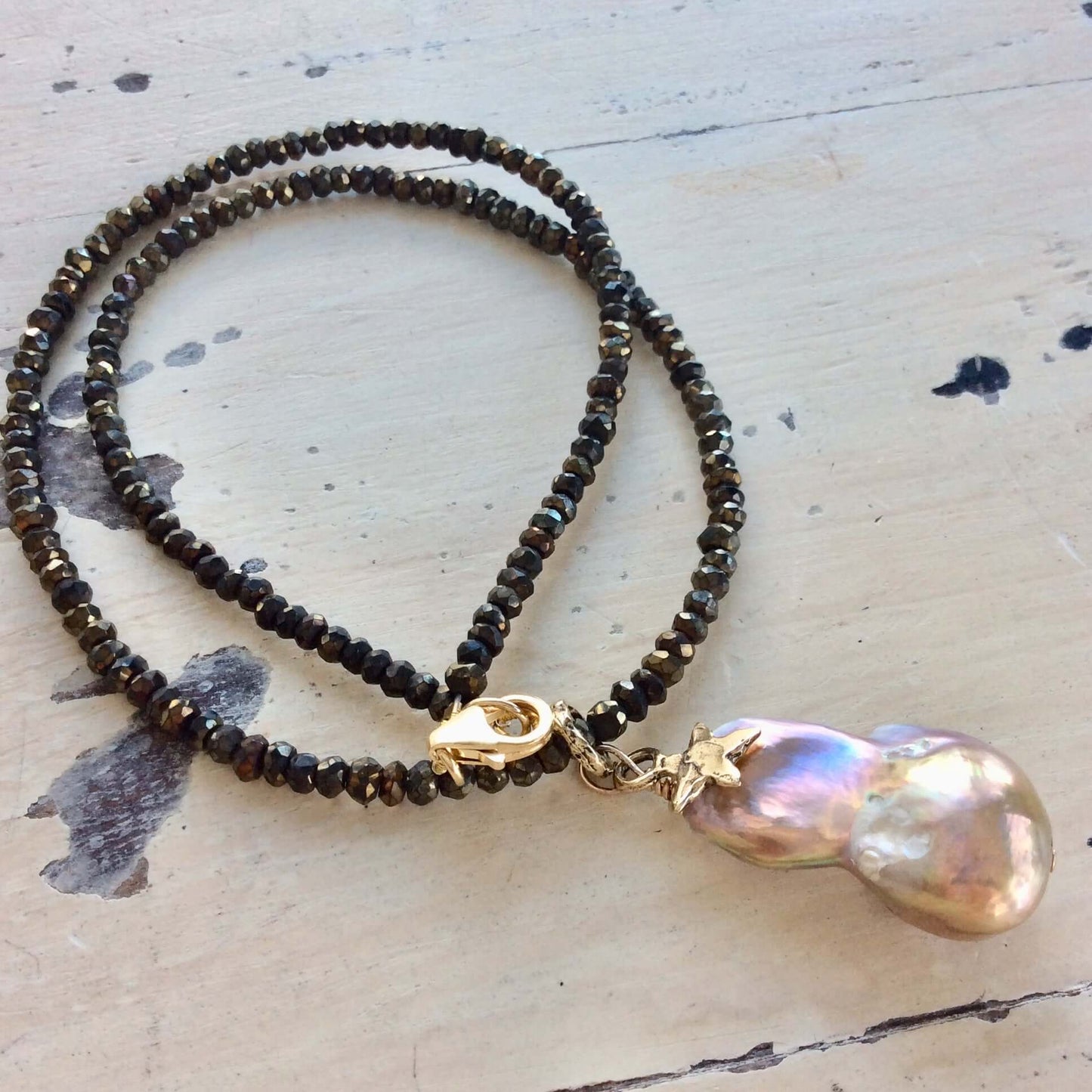 Baroque Pearl Pendant on Bronze Pyrite Chain