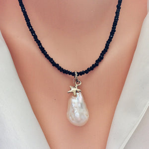 Genuine Baroque Pearl Necklace, Black Spinel Necklace,Tiny Star Charm