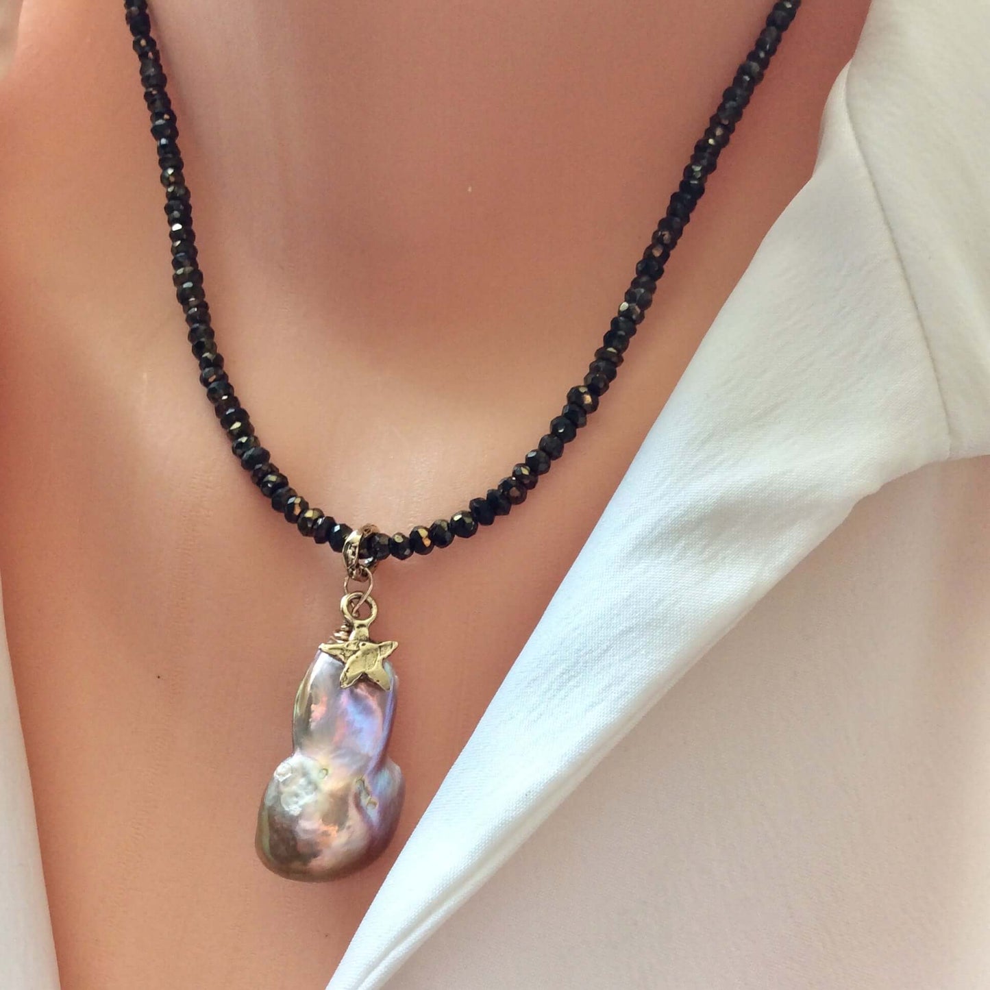 Baroque Pearl Pendant on Bronze Pyrite Chain