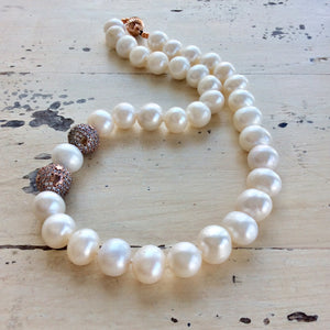 Stunning Short White Pearl Bridal Necklace with Rose Gold Plated Silver Elements and CZ Pave Accents, 16.5"inches