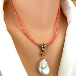Pink Coral Beads and Baroque Pearl Pendant Necklace